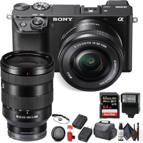 Sony Alpha A6100 Mirrorless Digital Camera (ILCE6100L/B) with 16-50mm Lenses with Sony FE 24-105mm f/4 G OSS Lens, Flash, Soft Case, 64GB Card - Lens Bundle