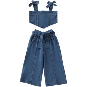 Toddler Baby Girls 2pcs Jeans Outfits, Denim Off-Shoulder Crop Tops+High Waist Ripped Jeans with Belt 18 Months-6Y (3#-Blue, 5-6Y)