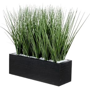 MyGift 12 Inch Artificial Green Grass Plants in Shabby White Washed Solid Wood Planter Box, Faux Greenery Plant Centerpiece Decorative Rectangular Wooden Container