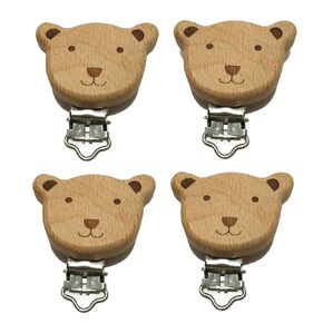 5pcs Natural Wood Suspender Pacifier Clips Cute Beech Wooden Animal Bear Shape Clips DIY Beading Pacifier Chain Accessory