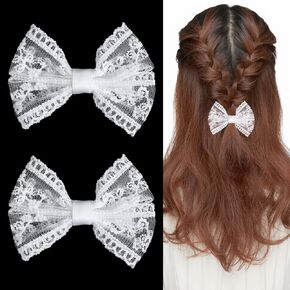 2PCS White Lace Bow, Flower Girl Bow Lace Bows for Flower Girls Hair Bridal Weeding Party Dress Decor Accessories
