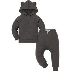 Toddler Baby Boy Hoodie Sweatshirt and Pants Set Solid Ribbed Knitted Cotton Unisex Baby Sweatsuit Clothes