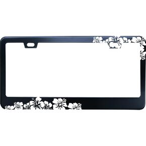 Black Beautiful Plumeria Hibiscus Flower Palm Leaves Stainless Steel License Plate Frame for Men/Women with 2 Screw Caps for US/CA Vehicles