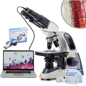 SWIFT SW380B-EC5R-BSC-SPAE2628 40X-2500X Siedentopf Research-Grade Compound Lab Binocular Microscope with 5.0 Megapixel Camera and 100PCS Blank Slides and 100PCS Coverslips and Smartphone Adapter