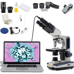 SWIFT SW350B-EC5R-5PBC-SPAE2628 40X-2500X Siedentopf Research-Grade Compound Lab Binocular Microscope with 5MP Camera and Smartphone Adapter and 5 PCS Prepared Slides and 5 PCS Blank Slides