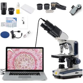 SWIFT SW350B-EP1-BSC-SPAE2628 40X-2500X Siedentopf Research-Grade Compound Lab Binocular Microscope with 1.3 Megapixel Digital Camera 100PCS Blank Slides and 100PCS Coverslips and Smartphone Adapter