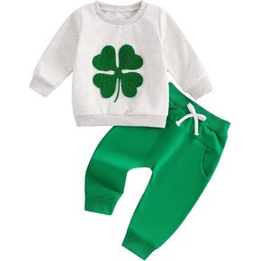 Toddler Baby Boy Girl St Patricks Outfit Clover Embroidery Long Sleeve Pullover Sweatshirt Pants Set Irish Clothes