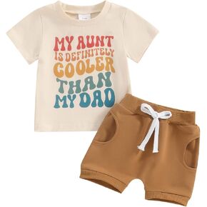 Aunties Bestie Baby Clothes Gender Neutral Baby Boy Short Sleeve Letter T-Shirt Solid Color Shorts Summer Outfit (B-Auntie Beige, 6-12 Months)