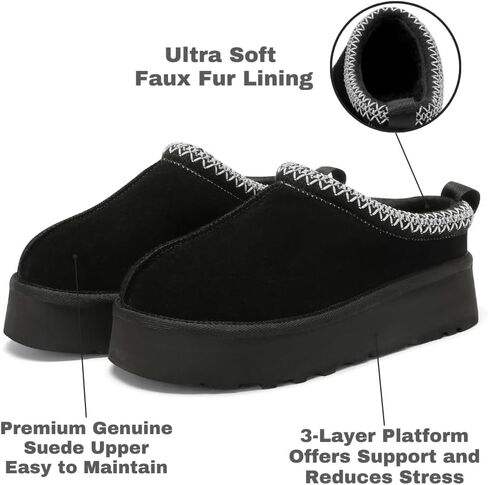 Women's Platform Slippers, Genuine Suede Warm Fleece Lined Anti-Slip Tazz Style for Indoor Outdoor in Saudi Arabia