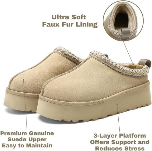 Women's Platform Slippers, Genuine Suede Warm Fleece Lined Anti-Slip Tazz Style for Indoor Outdoor in Saudi Arabia