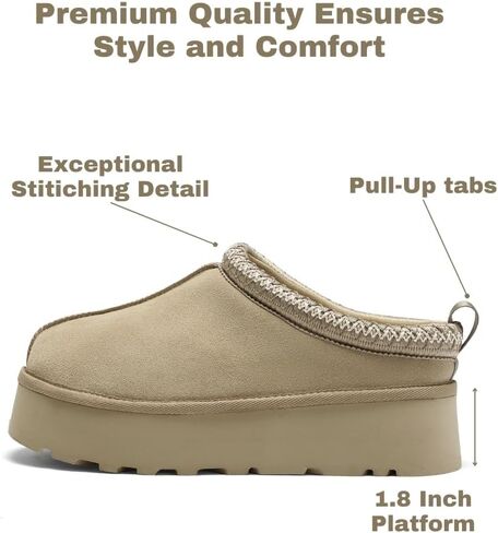 Women's Platform Slippers, Genuine Suede Warm Fleece Lined Anti-Slip Tazz Style for Indoor Outdoor in Saudi Arabia
