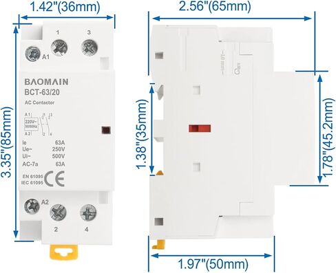 Baomain AC Contactor 32A 2 Pole Normally Open Universal Circuit Control 35mm DIN Rail Mount CE Listed 2NO BCT-32/20 (AC 220V) in Saudi Arabia