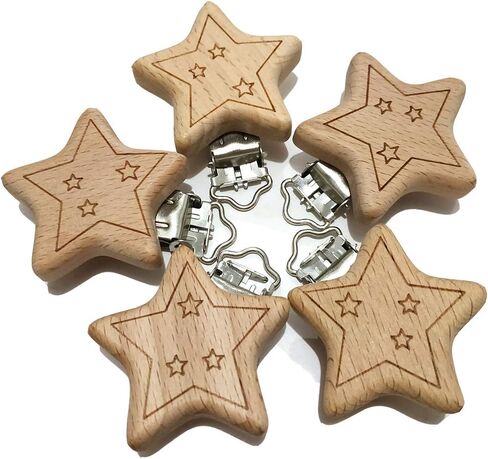 5pcs Natural Wood Suspender Pacifier Clips Cute Beech Wooden Animal Start Shape Clips DIY Beading Pacifier Chain Accessory in Kuwait