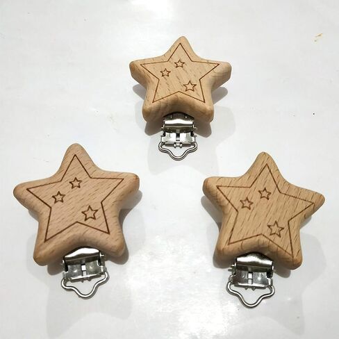 5pcs Natural Wood Suspender Pacifier Clips Cute Beech Wooden Animal Start Shape Clips DIY Beading Pacifier Chain Accessory in Kuwait