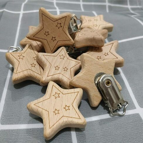 5pcs Natural Wood Suspender Pacifier Clips Cute Beech Wooden Animal Start Shape Clips DIY Beading Pacifier Chain Accessory in Kuwait