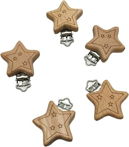5pcs Natural Wood Suspender Pacifier Clips Cute Beech Wooden Animal Start Shape Clips DIY Beading Pacifier Chain Accessory in Kuwait