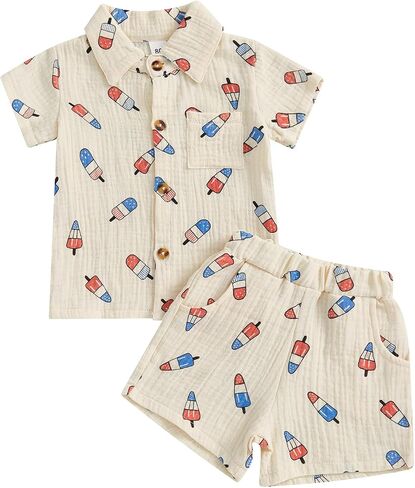 4th of July Toddler Baby Boy Outfit Popsicle Short Sleeve Cotton Linen Button Down Shirt Shorts Set Patriotic Outfit in Saudi Arabia