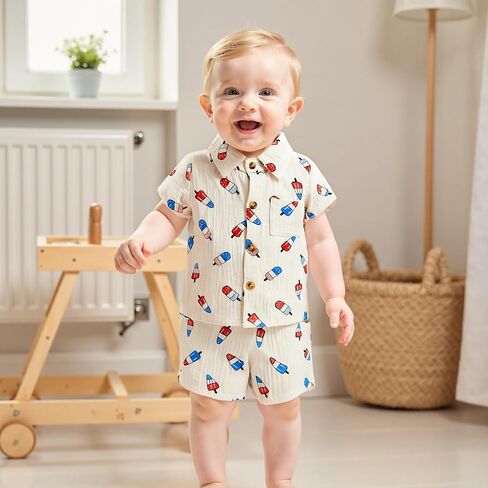 4th of July Toddler Baby Boy Outfit Popsicle Short Sleeve Cotton Linen Button Down Shirt Shorts Set Patriotic Outfit in Saudi Arabia