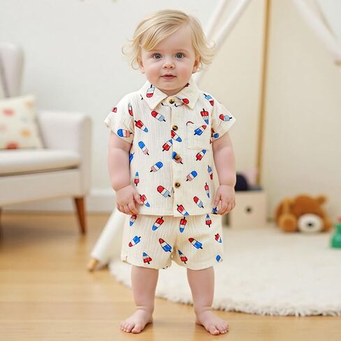 4th of July Toddler Baby Boy Outfit Popsicle Short Sleeve Cotton Linen Button Down Shirt Shorts Set Patriotic Outfit in Saudi Arabia