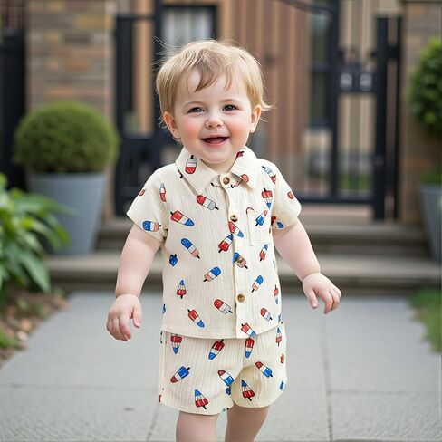 4th of July Toddler Baby Boy Outfit Popsicle Short Sleeve Cotton Linen Button Down Shirt Shorts Set Patriotic Outfit in Saudi Arabia