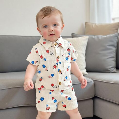 4th of July Toddler Baby Boy Outfit Popsicle Short Sleeve Cotton Linen Button Down Shirt Shorts Set Patriotic Outfit in Saudi Arabia