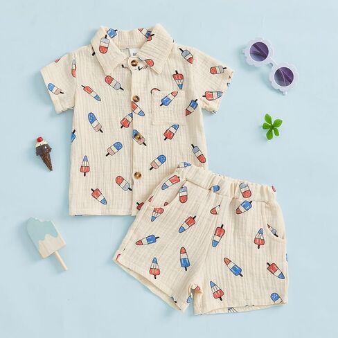 4th of July Toddler Baby Boy Outfit Popsicle Short Sleeve Cotton Linen Button Down Shirt Shorts Set Patriotic Outfit in Saudi Arabia