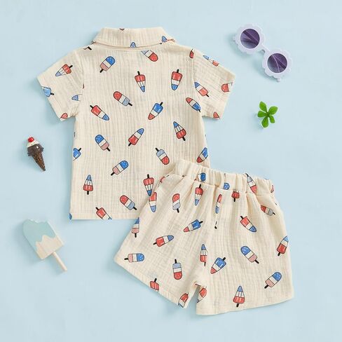 4th of July Toddler Baby Boy Outfit Popsicle Short Sleeve Cotton Linen Button Down Shirt Shorts Set Patriotic Outfit in Saudi Arabia