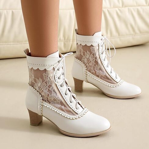 Women Victorian Boots 70s Lace up Ankle Boots Kitten Heel Costume Shoes Side Zipper Round Toe in Kuwait
