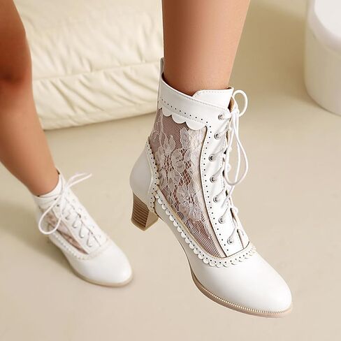 Women Victorian Boots 70s Lace up Ankle Boots Kitten Heel Costume Shoes Side Zipper Round Toe in Kuwait