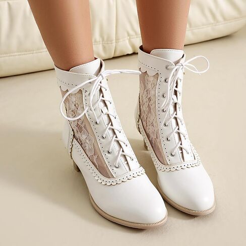 Women Victorian Boots 70s Lace up Ankle Boots Kitten Heel Costume Shoes Side Zipper Round Toe in Kuwait