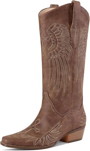 Womens Knee High Boots Cowboy Cowgirl Tall Western Boots Pull On Square Toe Low Chunky Heel Retro Dress Ladies Comfortable Embroidered Boot in Saudi Arabia