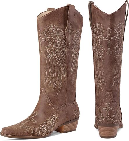 Womens Knee High Boots Cowboy Cowgirl Tall Western Boots Pull On Square Toe Low Chunky Heel Retro Dress Ladies Comfortable Embroidered Boot in Saudi Arabia