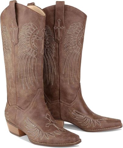 Womens Knee High Boots Cowboy Cowgirl Tall Western Boots Pull On Square Toe Low Chunky Heel Retro Dress Ladies Comfortable Embroidered Boot in Saudi Arabia
