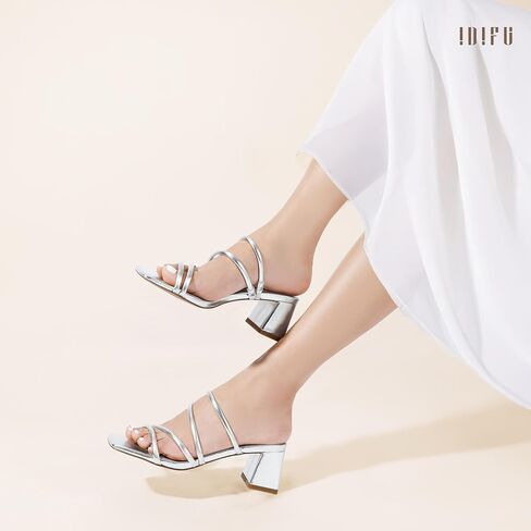 IDIFU IN2 Strappy Heels for Women Square Toe Low Chunky Block Heels Wedding Prom Slip On Dress Shoes for Bride Bridesmaid Comfortable Heeled Slide Sandals Slingback Short Mule Heels in Kuwait