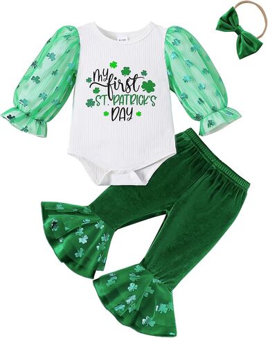 Baby Girl My First St. Patrick's Day Outfits Green Long Sleeve Romper Lucky Clover Pant+Headband Clothes Set in Saudi Arabia