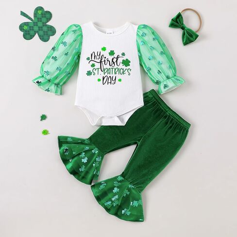 Baby Girl My First St. Patrick's Day Outfits Green Long Sleeve Romper Lucky Clover Pant+Headband Clothes Set in Saudi Arabia
