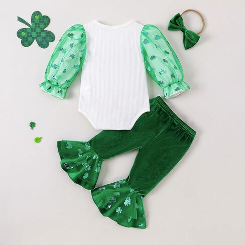 Baby Girl My First St. Patrick's Day Outfits Green Long Sleeve Romper Lucky Clover Pant+Headband Clothes Set in Saudi Arabia