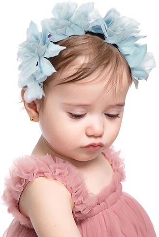 Baby Girls Flower Headband Soft Chiffon Gauze Floral Cluster Baby Headpiece Bridal Wedding Party Fabric Flower Pearl Head Accessories for Little girl (Flower 1 - blue, Elastic) in Saudi Arabia