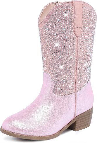 حجر الراين سباركلي بنات راعية البقر أحذية رعاة البقر للأطفال الصغار فستان التمهيد أصابع مدببة كعب منخفض منتصف الساق سحاب حفلة عيد ميلاد طفل صغير إلى طفل كبير in Kuwait