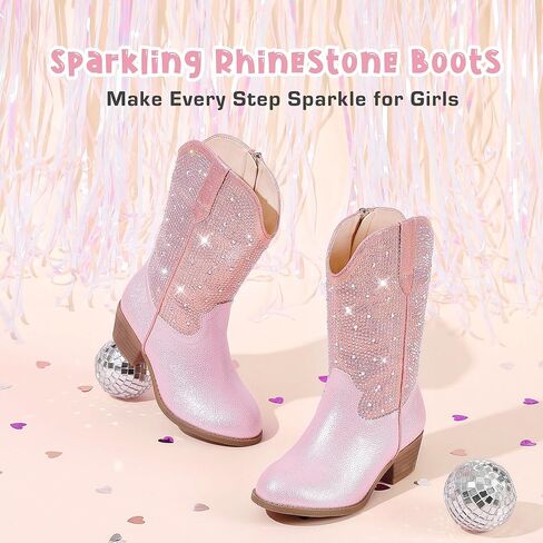 حجر الراين سباركلي بنات راعية البقر أحذية رعاة البقر للأطفال الصغار فستان التمهيد أصابع مدببة كعب منخفض منتصف الساق سحاب حفلة عيد ميلاد طفل صغير إلى طفل كبير in Kuwait