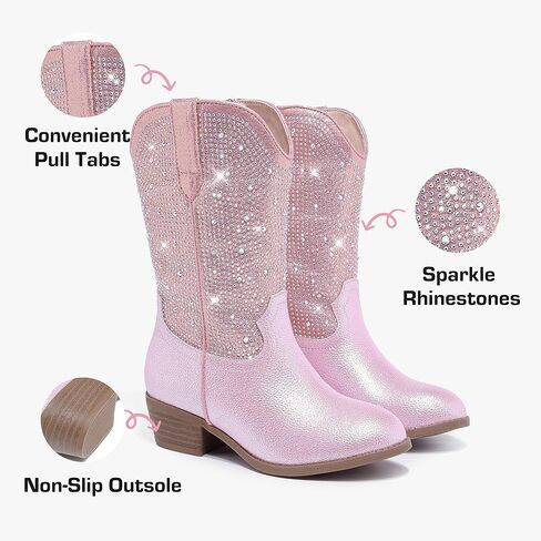 حجر الراين سباركلي بنات راعية البقر أحذية رعاة البقر للأطفال الصغار فستان التمهيد أصابع مدببة كعب منخفض منتصف الساق سحاب حفلة عيد ميلاد طفل صغير إلى طفل كبير in Kuwait