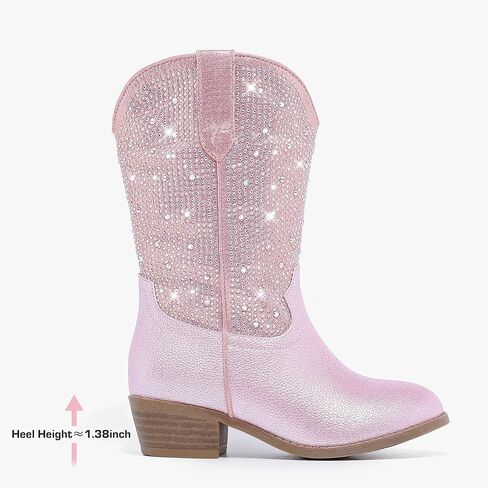 حجر الراين سباركلي بنات راعية البقر أحذية رعاة البقر للأطفال الصغار فستان التمهيد أصابع مدببة كعب منخفض منتصف الساق سحاب حفلة عيد ميلاد طفل صغير إلى طفل كبير in Kuwait