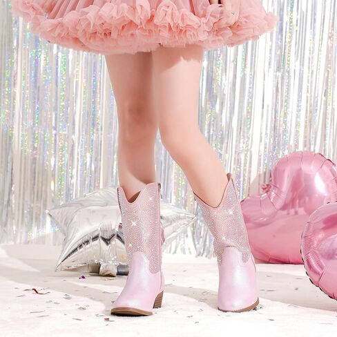 حجر الراين سباركلي بنات راعية البقر أحذية رعاة البقر للأطفال الصغار فستان التمهيد أصابع مدببة كعب منخفض منتصف الساق سحاب حفلة عيد ميلاد طفل صغير إلى طفل كبير in Kuwait