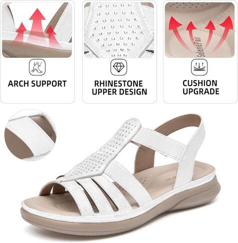SelenePair Women's Flat Sandals Elastic Straps Rhinestone Arch Support Lightweight Slides Comfortable Casual Walking Shoes in Kuwait