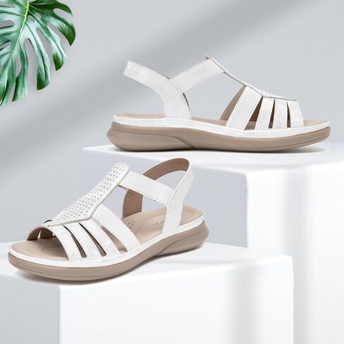 SelenePair Women's Flat Sandals Elastic Straps Rhinestone Arch Support Lightweight Slides Comfortable Casual Walking Shoes in Kuwait