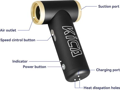 منفضة هواء كهربائية KiCA Jetfan 2.0 للكمبيوتر/لوحة المفاتيح/تنظيف المنزل/عدسة الكاميرا/التخييم/شواء/السيارة/صالون الحلاقة/تجفيف الشعر، 100000 دورة في الدقيقة، فوهة مطورة/عمر البطارية، أداة بديلة للهواء - أسود in Kuwait