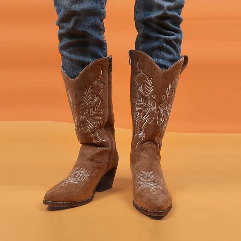 Cowboy Boots for Women Classic Embroidered Pointy Toe Cowgirl Boot, Western Mid Calf Side Zipper Chunky Heel Cowgirl Boots in Saudi Arabia