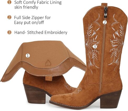 Cowboy Boots for Women Classic Embroidered Pointy Toe Cowgirl Boot, Western Mid Calf Side Zipper Chunky Heel Cowgirl Boots in Saudi Arabia
