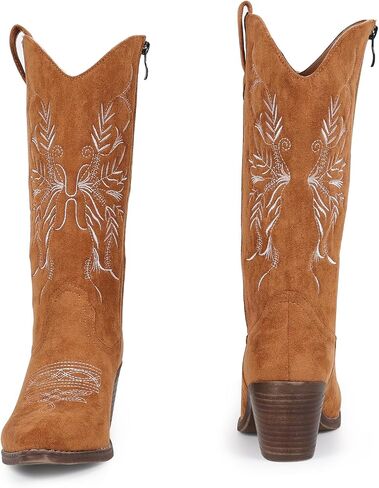Cowboy Boots for Women Classic Embroidered Pointy Toe Cowgirl Boot, Western Mid Calf Side Zipper Chunky Heel Cowgirl Boots in Saudi Arabia