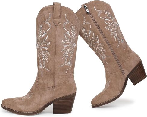 Cowboy Boots for Women Classic Embroidered Pointy Toe Cowgirl Boot, Western Mid Calf Side Zipper Chunky Heel Cowgirl Boots in Saudi Arabia
